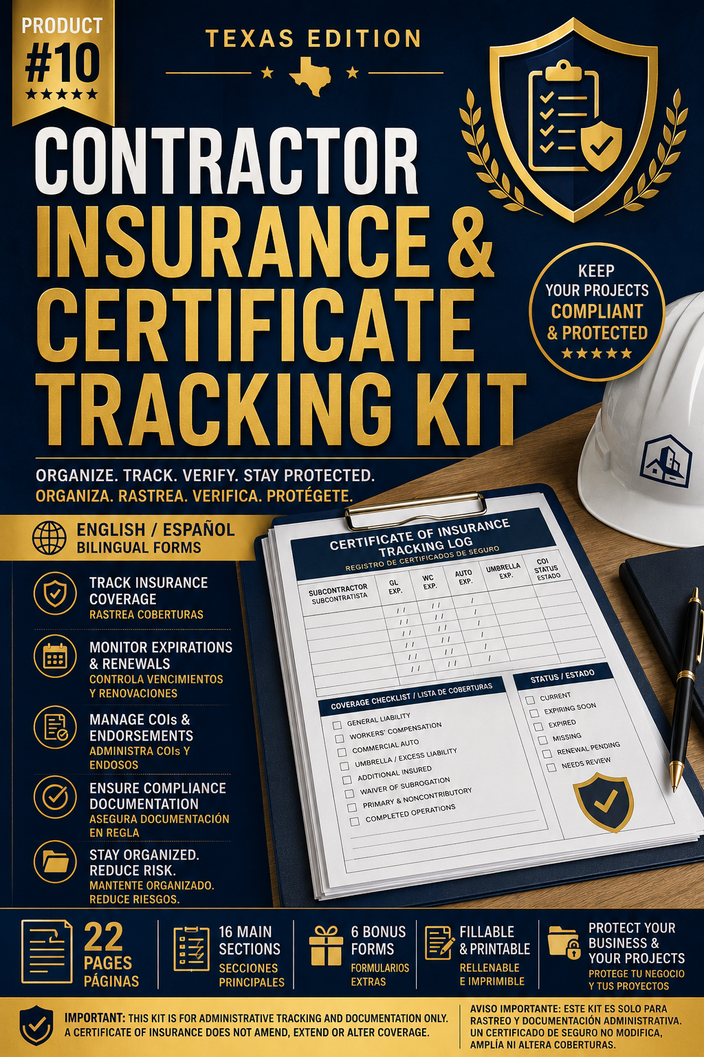 Contractor Insurance & Certificate Tracking Kit — Texas Edition | Bilingual Fillable PDF