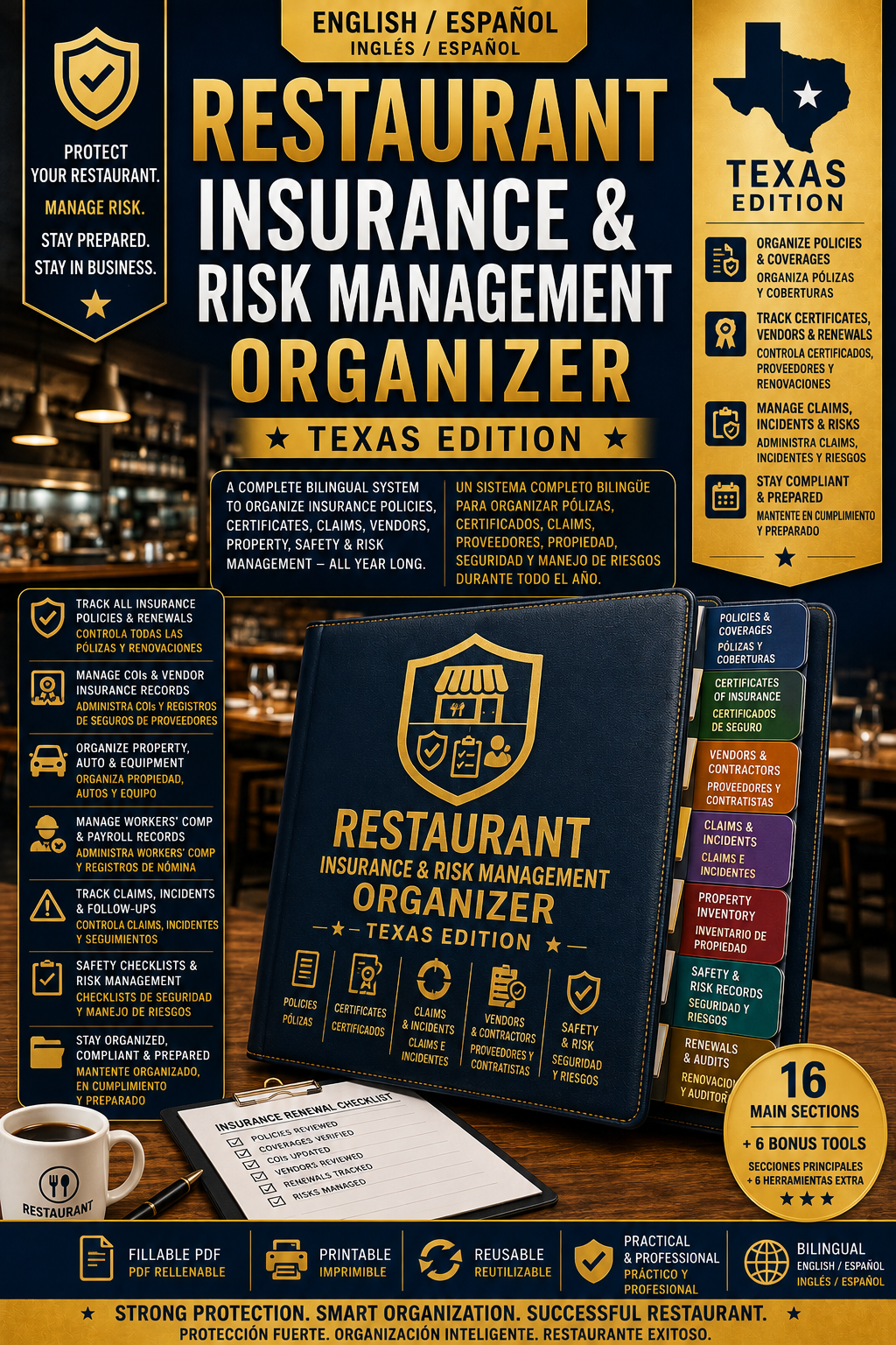 Restaurant Insurance & Risk Management Organizer — Texas Edition