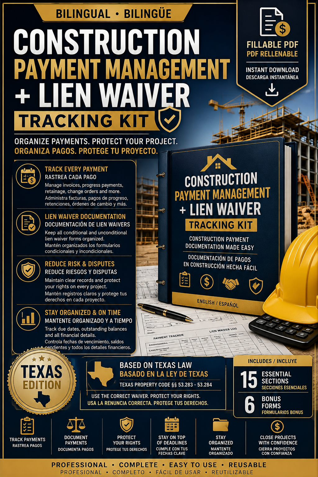 Construction Payment Management + Lien Waiver Tracking Kit | Texas Edition | Bilingual Fillable PDF