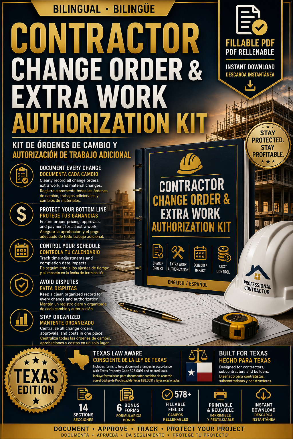 Contractor Change Order & Extra Work Authorization Kit | Texas Edition | Bilingual Fillable PDF