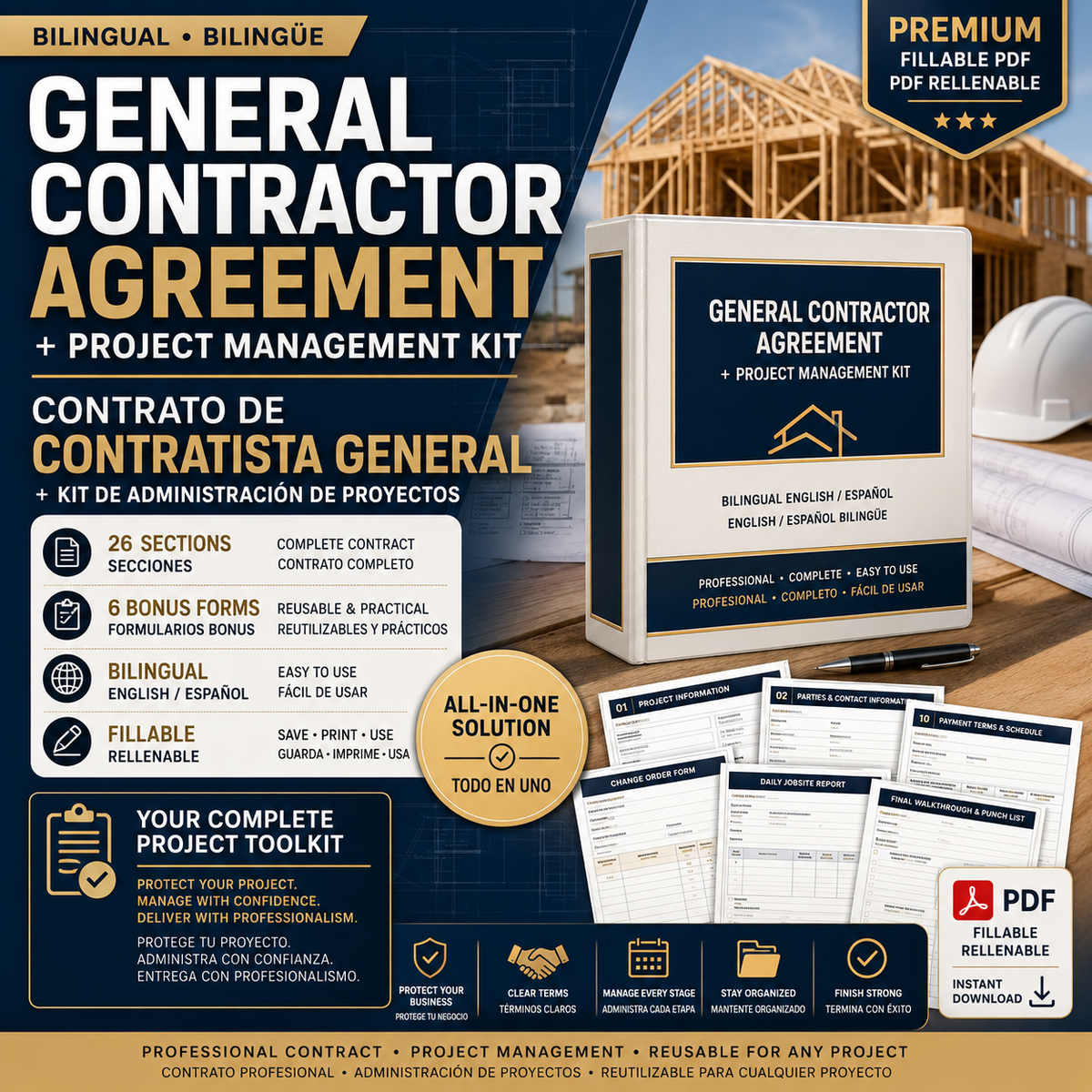 General Contractor Agreement + Project Management Kit | Contrato de Contratista General Bilingüe