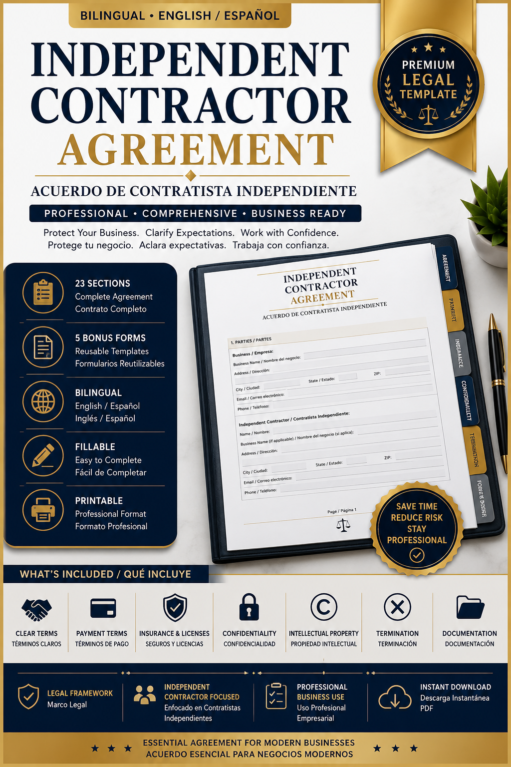 Independent Contractor Agreement | Acuerdo de Contratista Independiente | Plantilla Bilingüe Rellenable