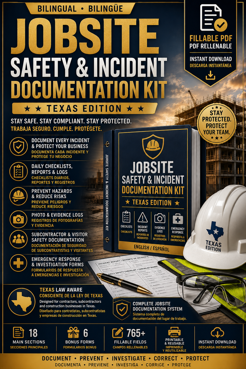 Jobsite Safety & Incident Documentation Kit | Texas Edition | Bilingual Fillable PDF