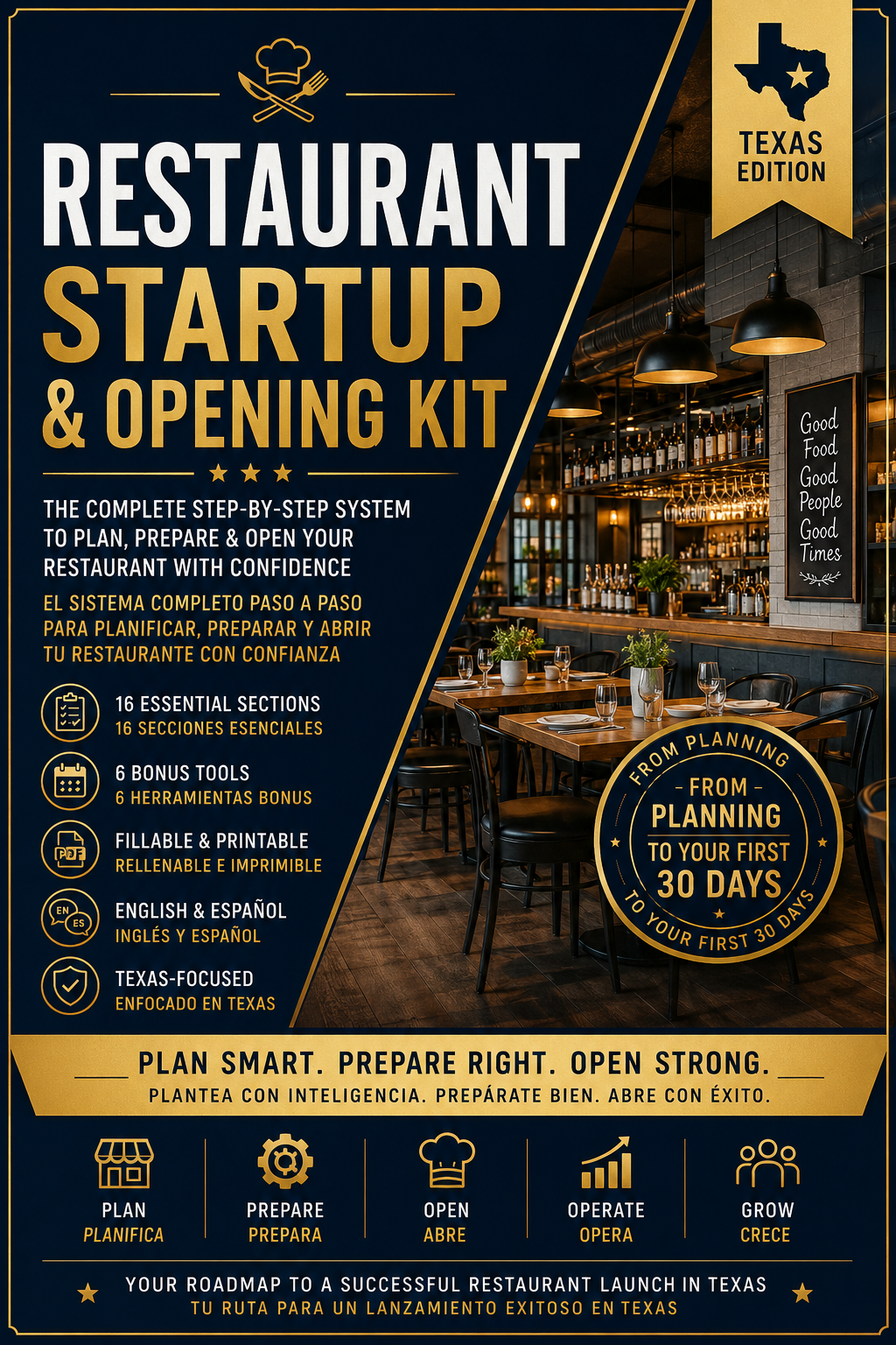 Restaurant Startup & Opening Kit — Texas Edition | Bilingual Fillable Restaurant Business Planner  Descripción